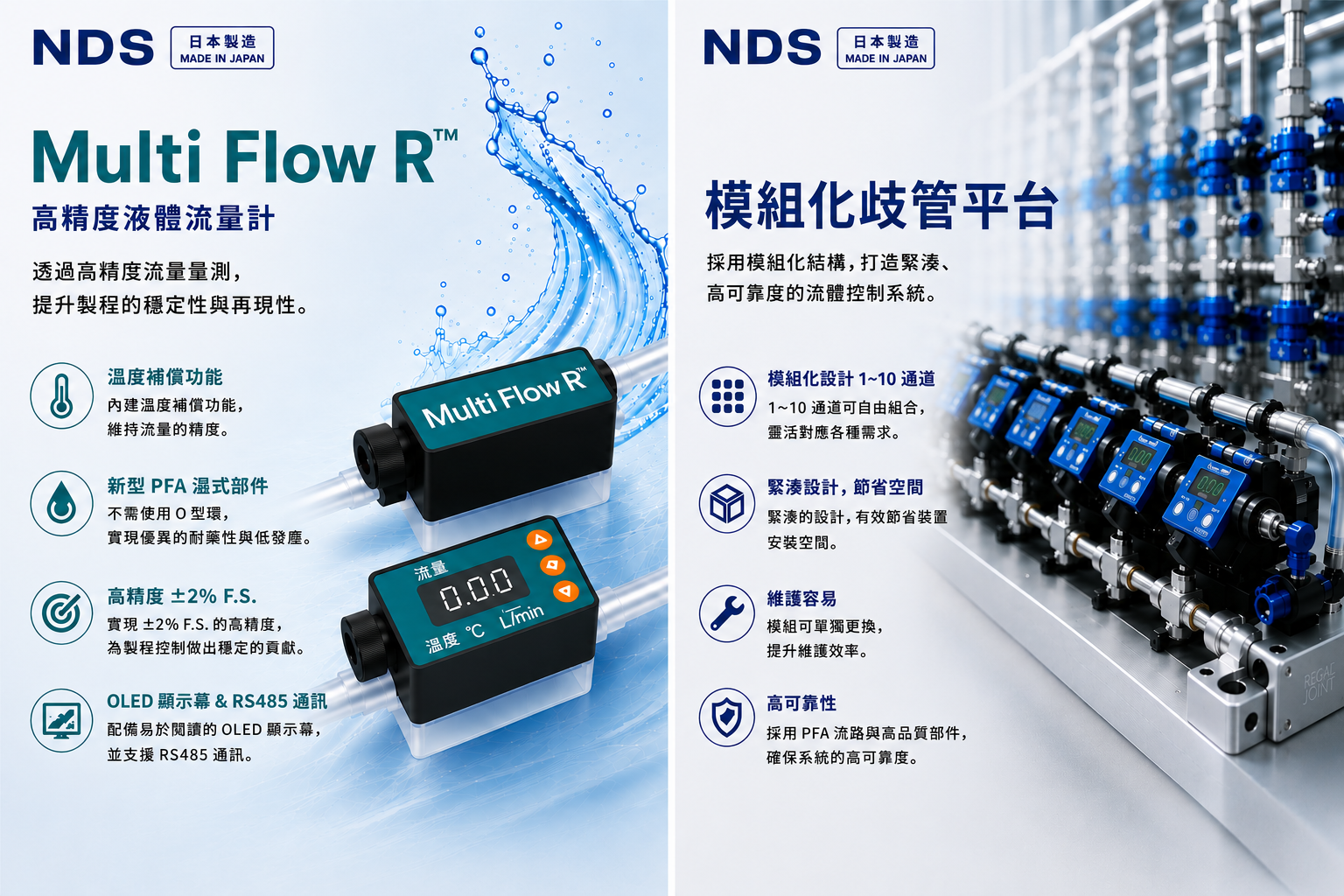 NDS 台灣日脈, 流量計, 2026 SEMICON TAIWAN, 液體流量計, 高精度, 溫度補償, PFA管, 耐藥性, 岐管, 模組化